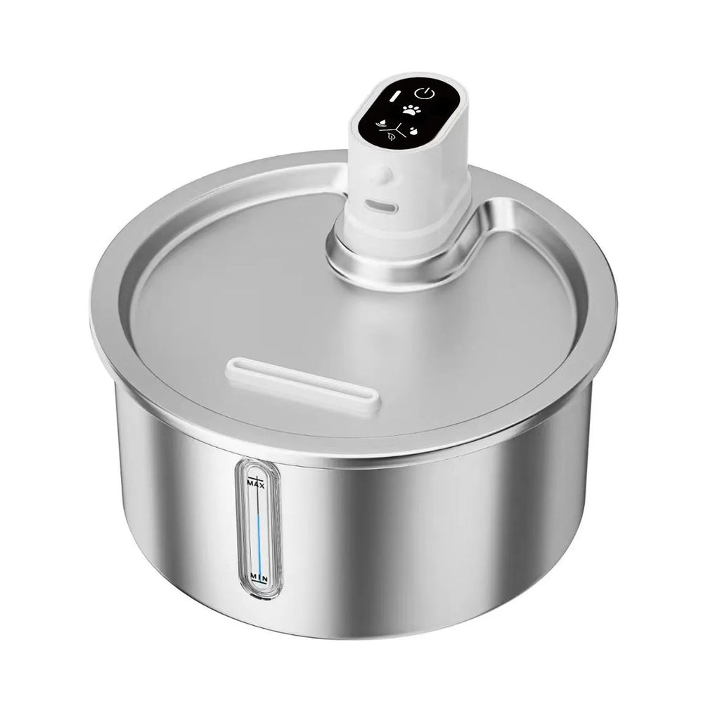 Stainless steel heated pet water fountain with adjustable temperature base in black or white