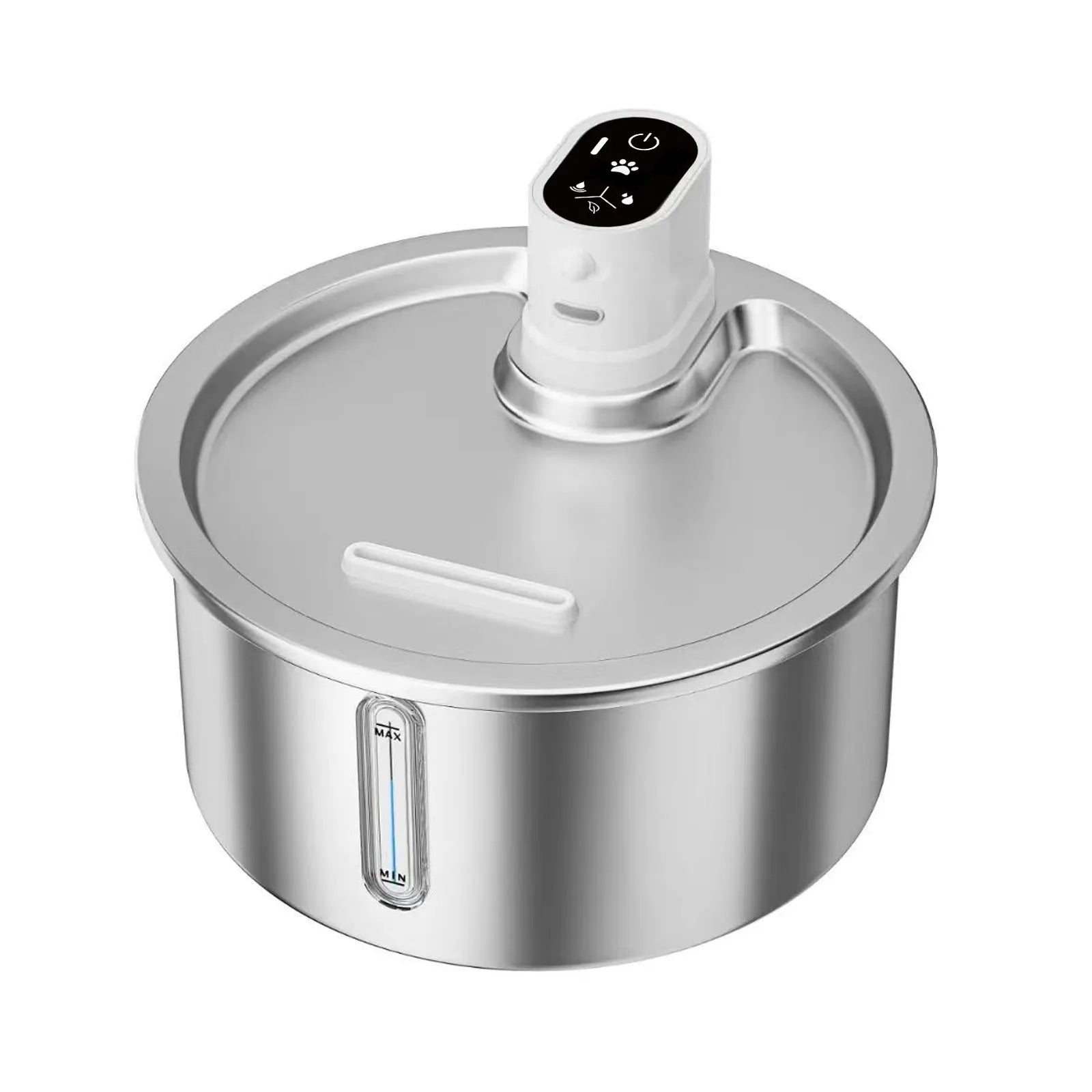 Stainless steel heated pet water fountain with adjustable temperature base in black or white
