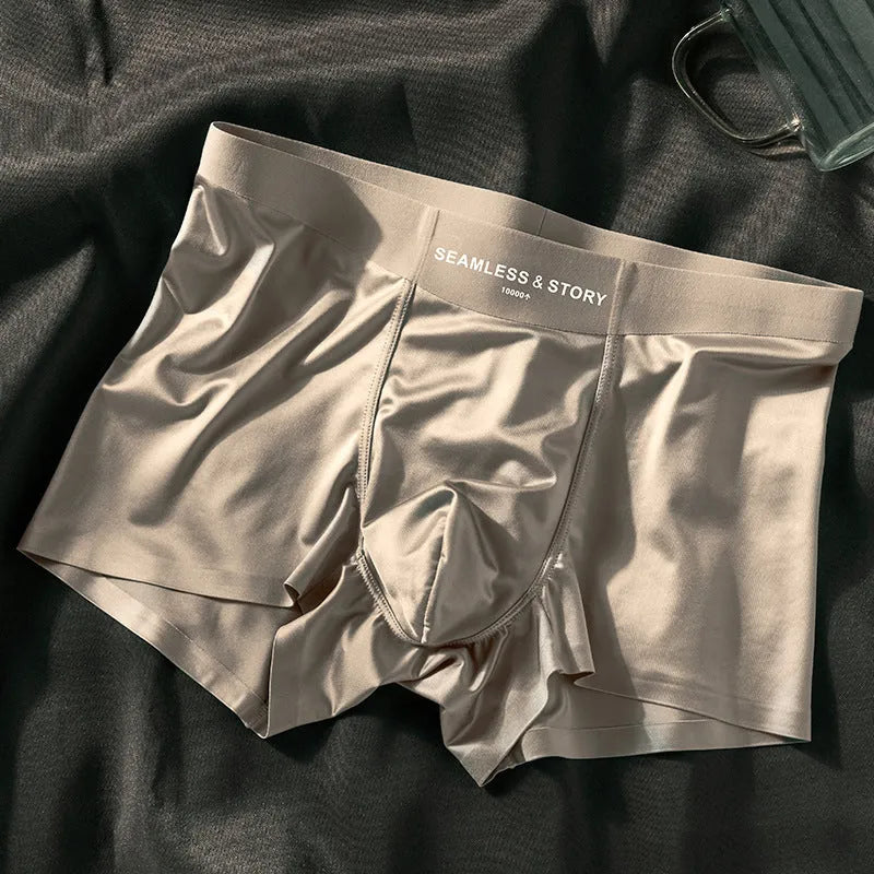Men's Ice Silk satin knit underwear in mid-waist traceless design shown in coffee colour.