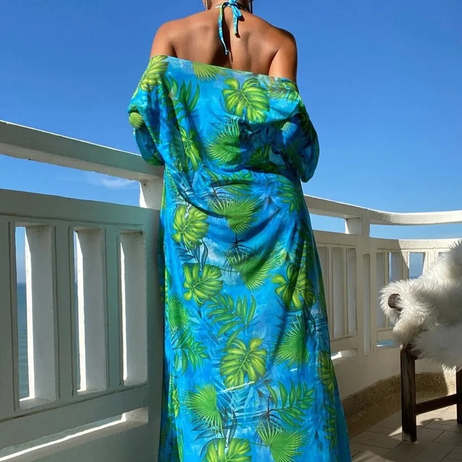 Split long sleeve ins blouse banded bikini swimwear set with floral pattern