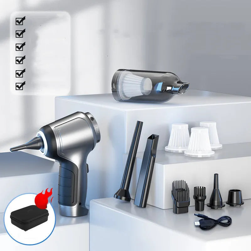 Handheld and vertical car mounted brushless inflatable vacuum cleaner with EVA bag.