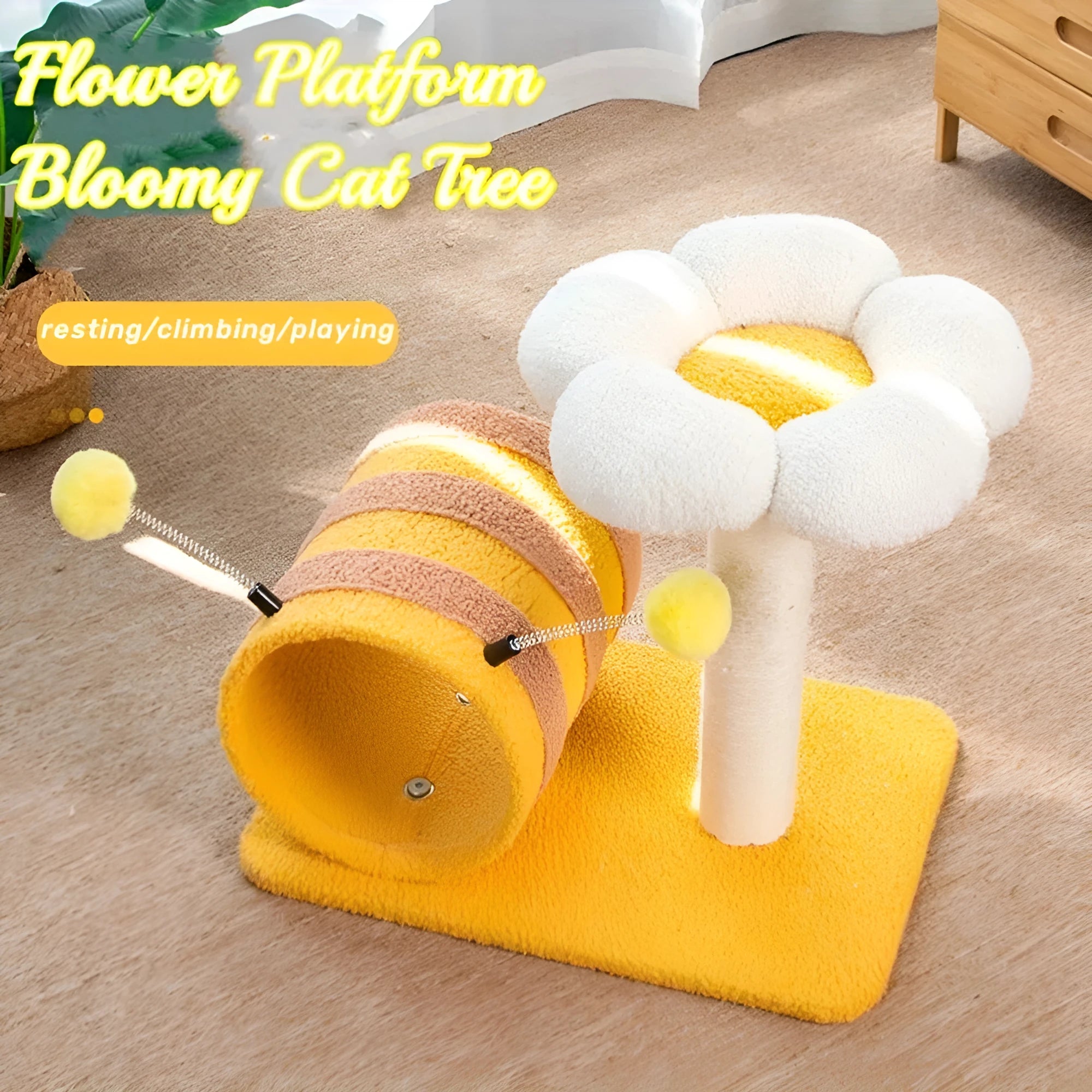Yellow bee-shaped cat climbing frame with sisal scratching post and integrated play tunnel.