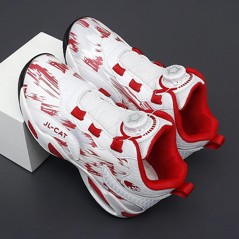 Children's rotating button basketball shoes in multiple colours with waterproof synthetic leather construction
