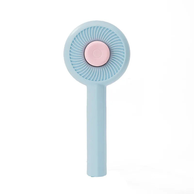 Blue pet grooming brush with metal pins and self-cleaning button for cats and dogs