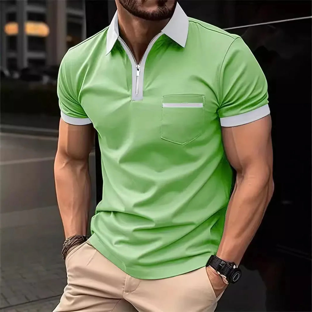 Men's casual short sleeve shirt with chest pocket and zipper detail in a loose fit