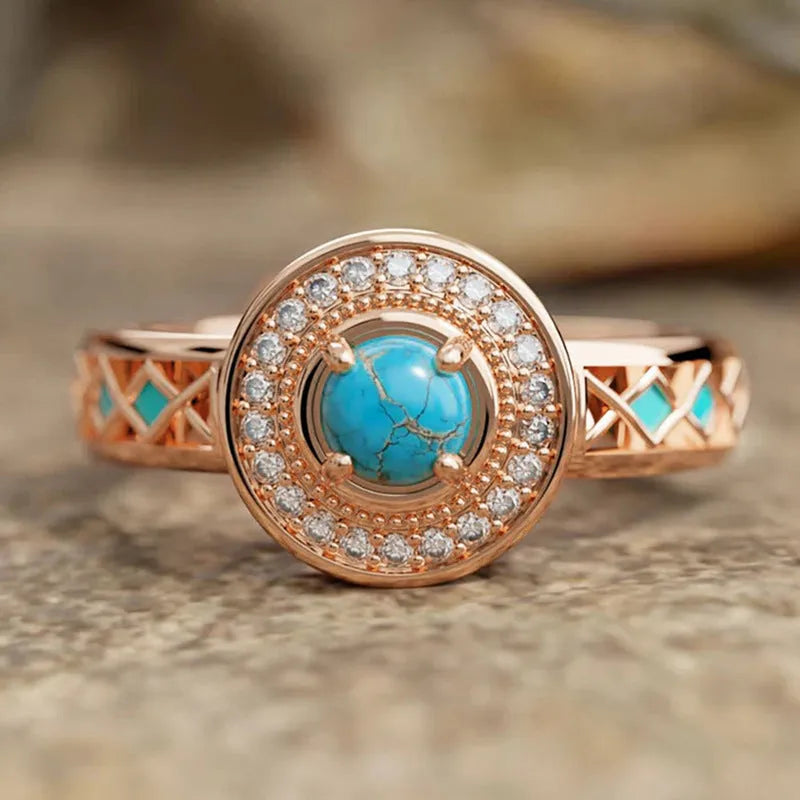 Women's turquoise geometric ring with inlaid zircon stones on rose gold copper band
