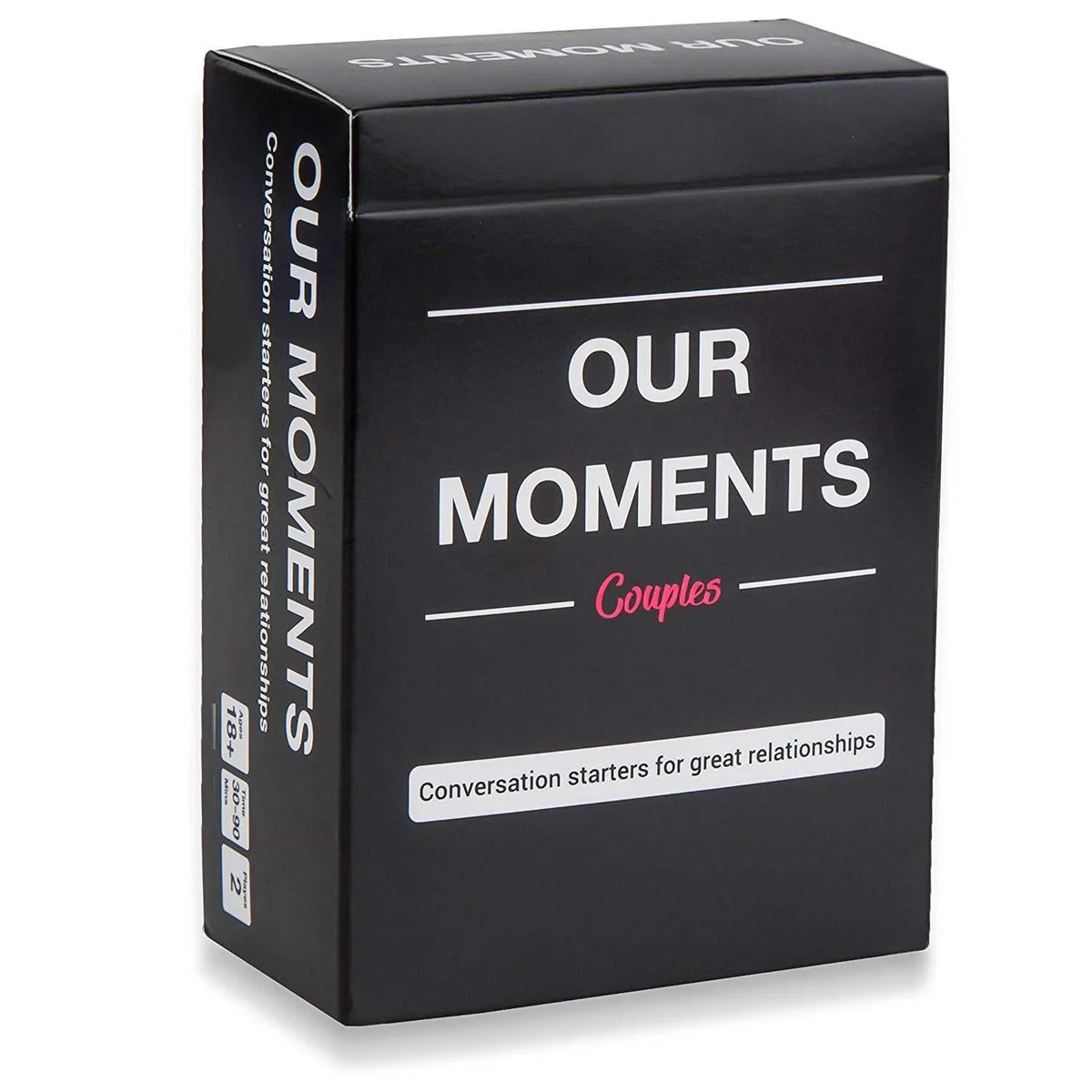 Black box containing Our Time Lovers Edition coated paper communication cards for couples.