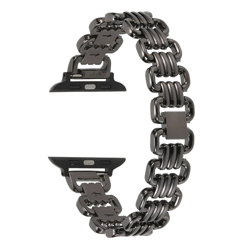 Silver alloy metal replacement bracelet for an Apple Watch, shown alongside black, gold, rose gold, and Starlight colour options.