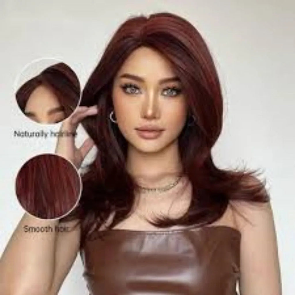 Mid-length platinum gradient curly wig with long bangs on a display stand