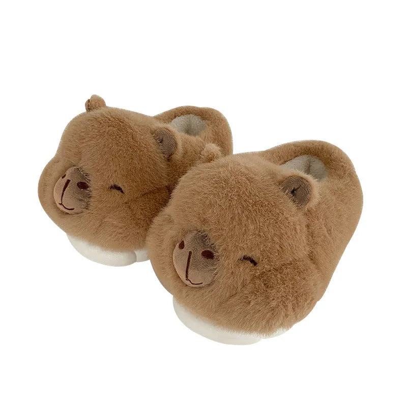 Light brown women's winter plush slippers with cartoon pattern and round toe design