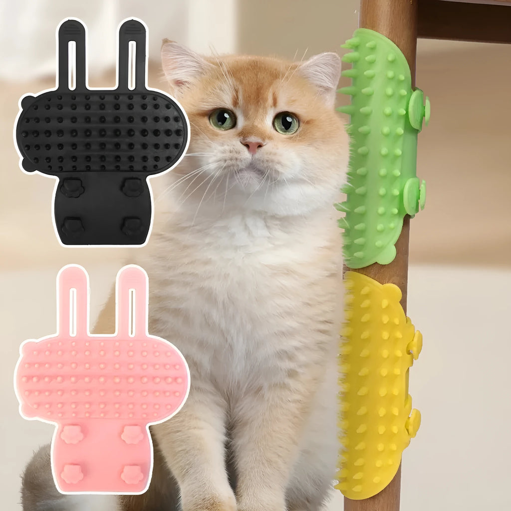 Silicone pet grooming comb with adjustable strap mounted on table leg for cats and dogs