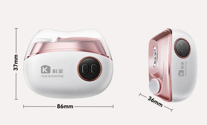 Blue automatic electric nail clipper and polisher with Type-C charging cable and cleaning brush.