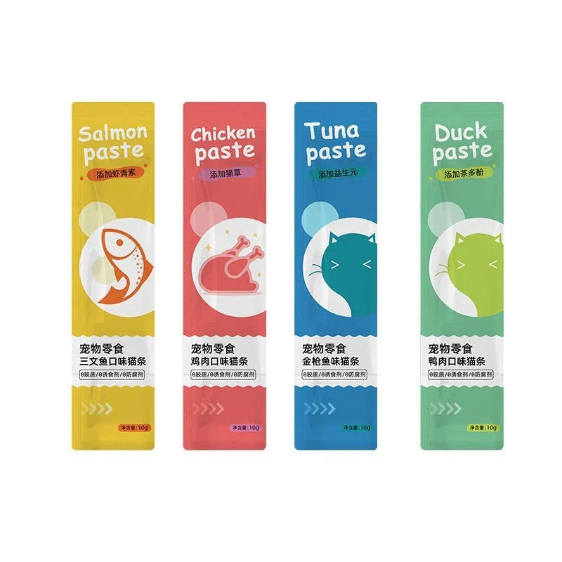 Pack of 10 soft cat snack strips in four flavour varieties: chicken, duck, salmon, and tuna.