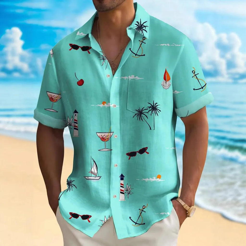 Man wearing a loose fit, short sleeve Hawaiian shirt with a vibrant digital print pattern.