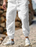 Men's straight-leg cotton trousers with elastic waist in army green colour