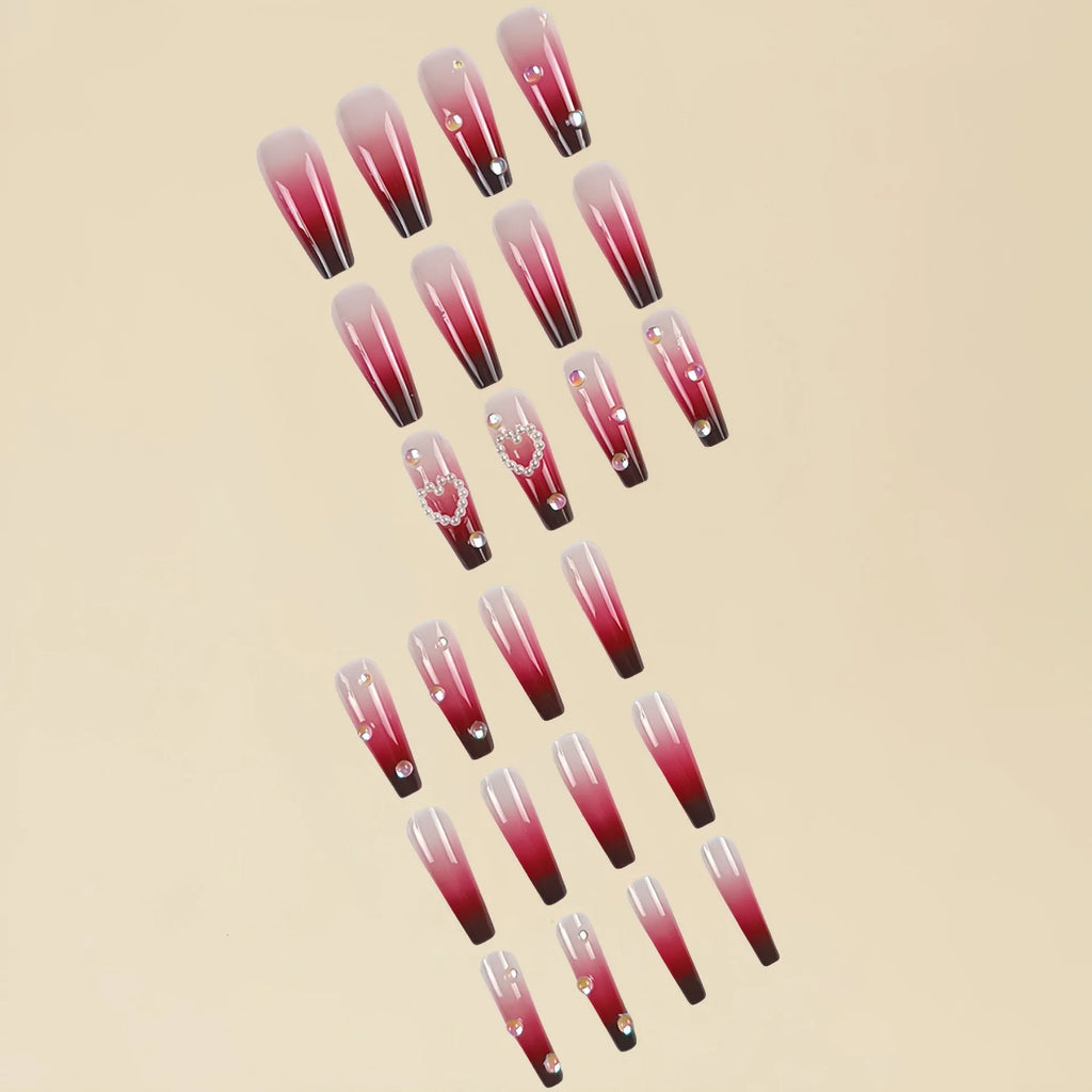 Wine red gradient false nail tips with heart pearl design and plaid pattern