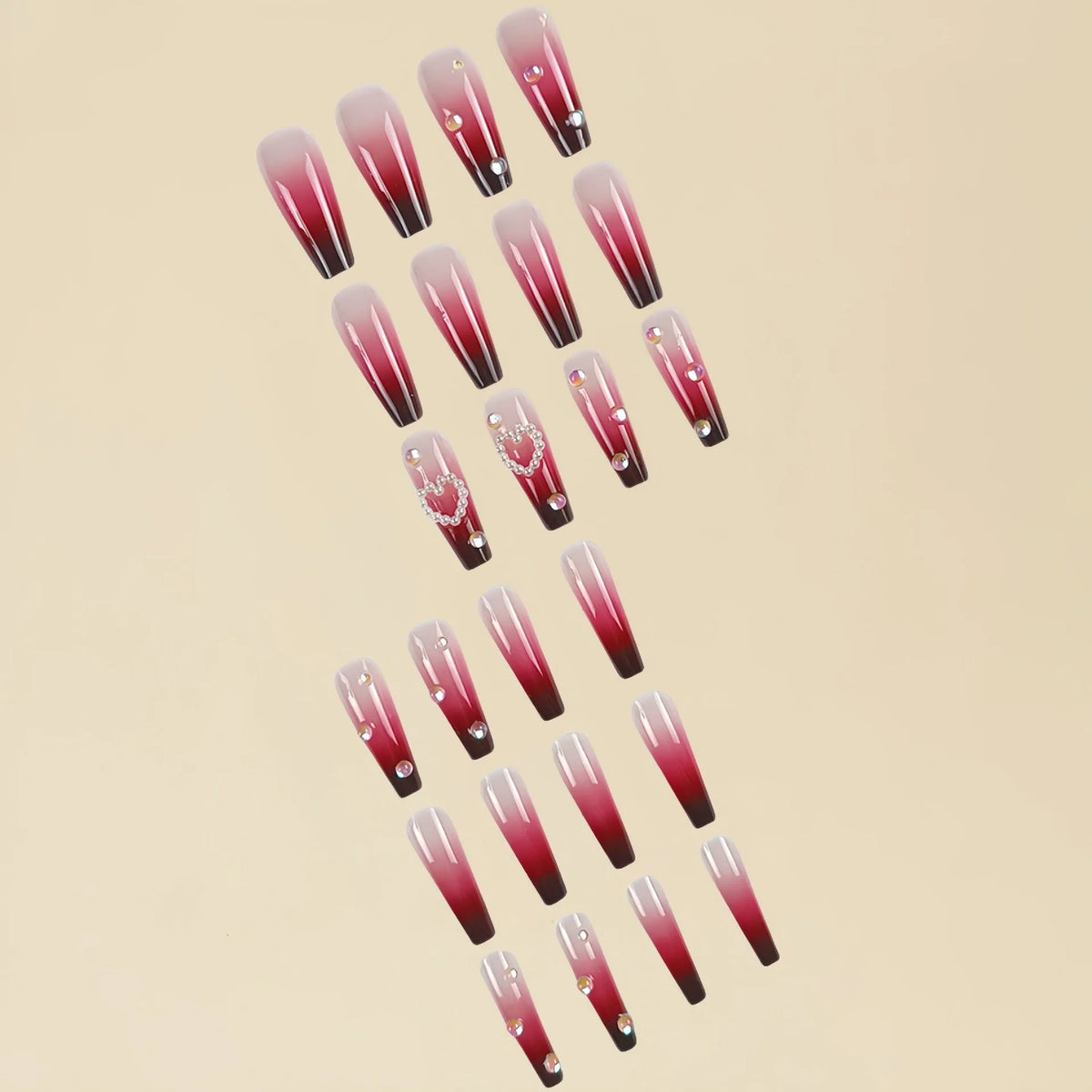 Wine red gradient false nail tips with heart pearl design and plaid pattern