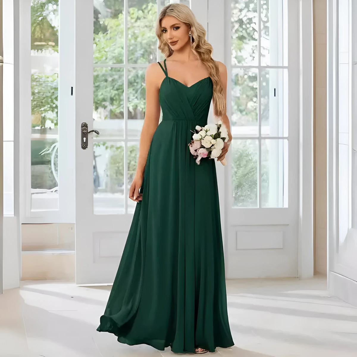 Women's long sleeveless A-line dress with pleated skirt and sling neckline in light green colour