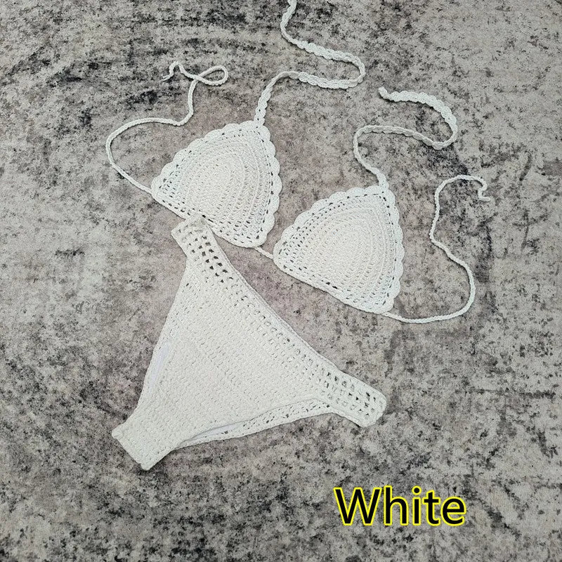 Women's 3-piece handmade crochet bikini set with skirt cover-up in solid colour acrylic fibre