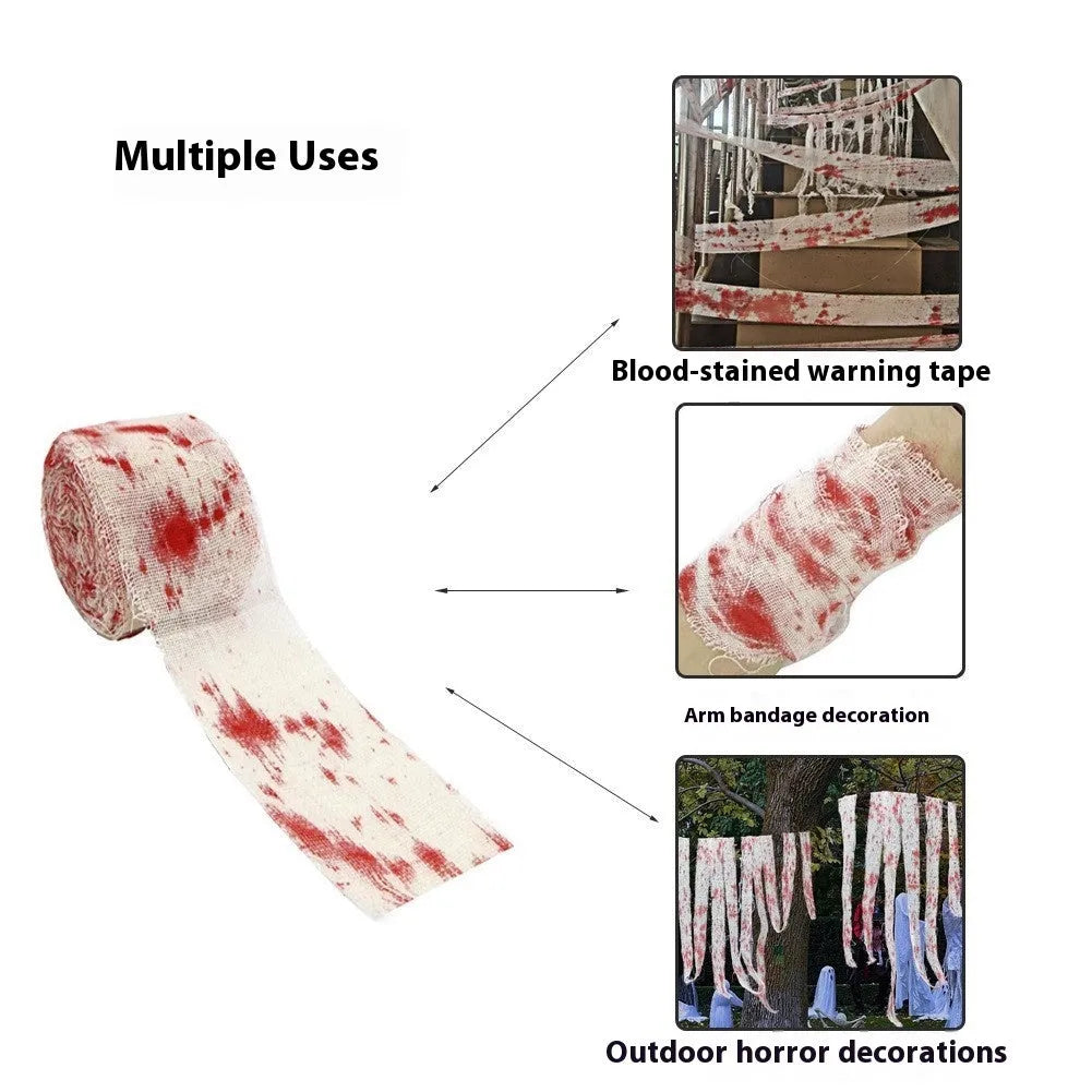 Red and white polyester Halloween horror bandage showing 8cm width and rolled length