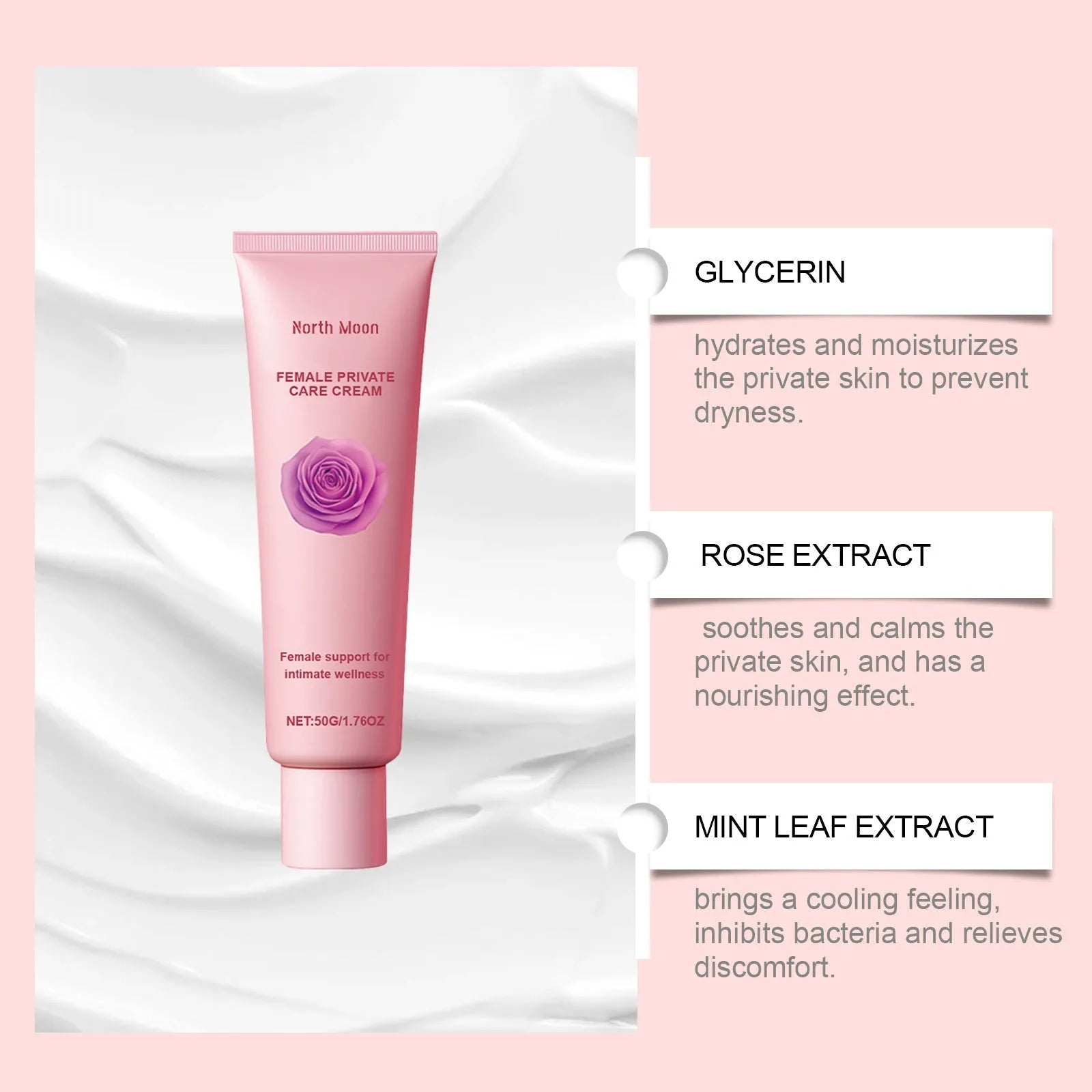 50g tube of Gentle Care moisturising cream with rose and peppermint extracts for daily skin hydration