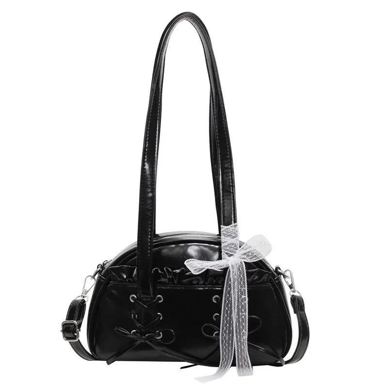 Ladies casual shoulder bag with bandage bow detail and internal mobile phone compartment