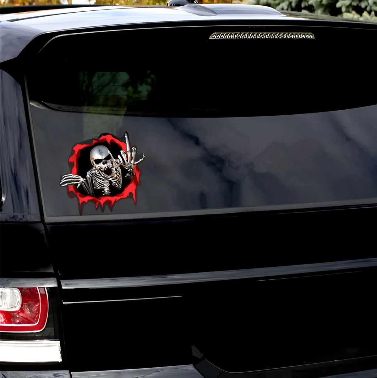 Reflective colourful broken shell metal skull car sticker on PET material, size 15x14cm.