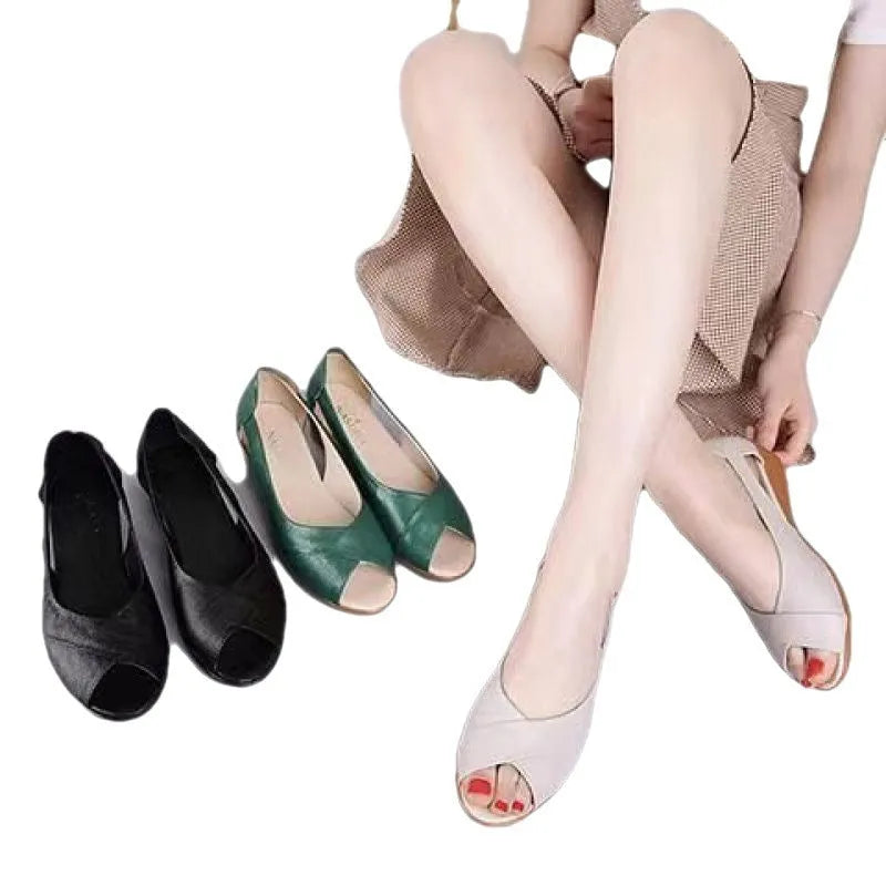 Women's casual peep toe sandals with an ankle buckle in beige, black, and peacock blue.
