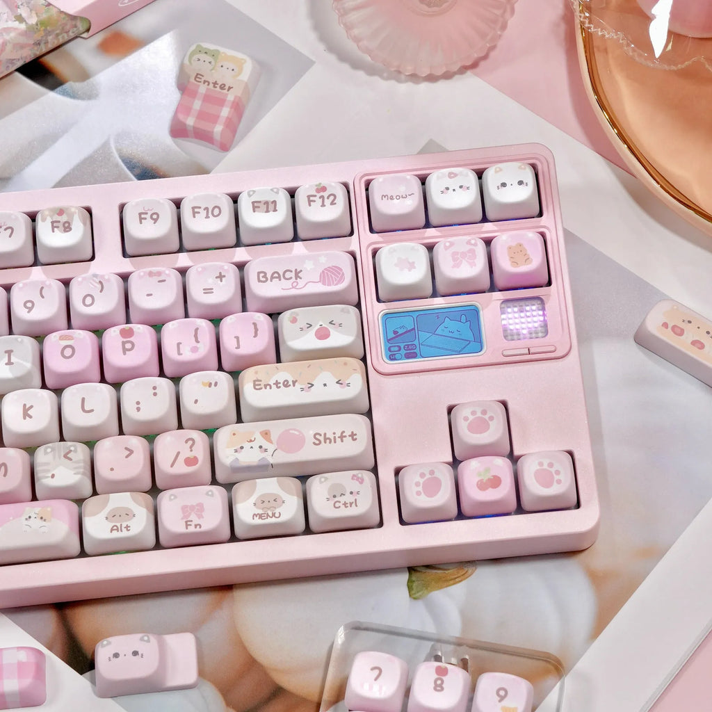 Set of pink cartoon-design MOA-height keycaps for mechanical keyboards, showing five-sided sublimation print.