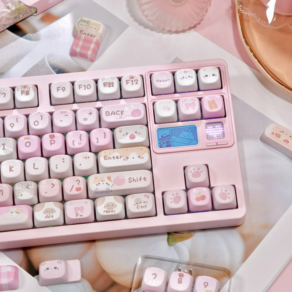 Set of pink cartoon-design MOA-height keycaps for mechanical keyboards, showing five-sided sublimation print.