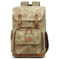 Canvas DSLR camera backpack in khaki colour with backpack straps and main compartment.