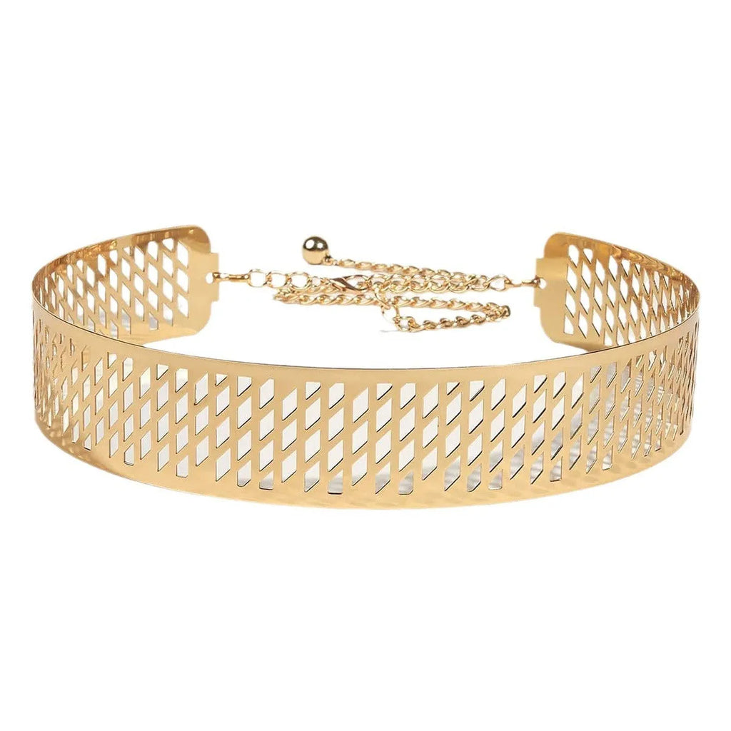 Golden lantern head punching net flower design on a thick black waist seal belt with alloy buckle.