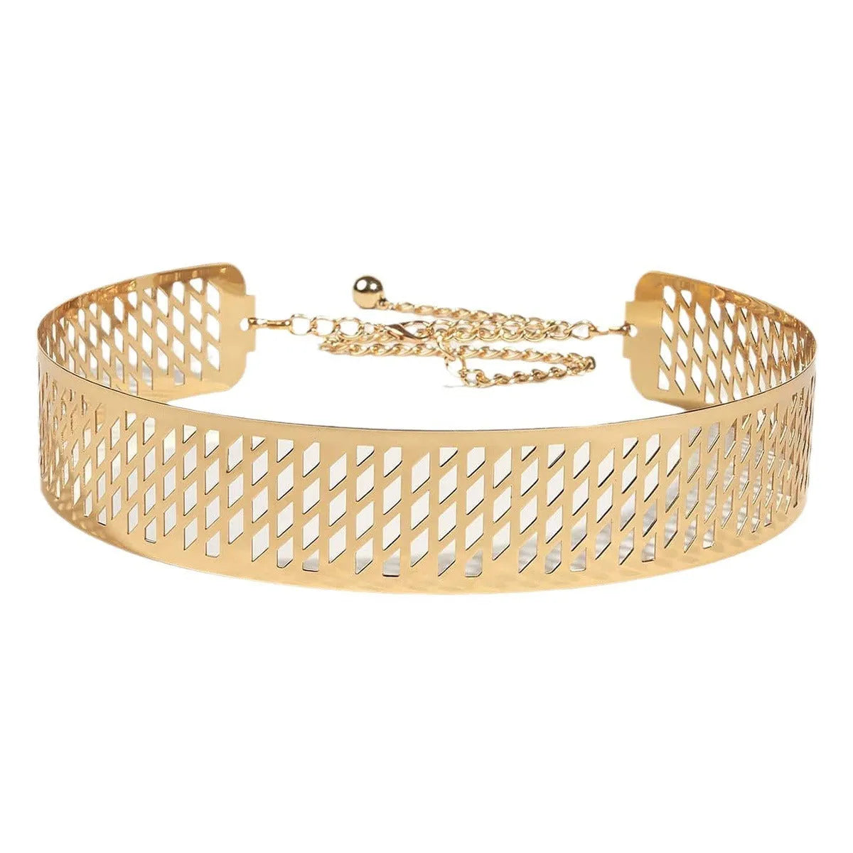 Golden lantern head punching net flower design on a thick black waist seal belt with alloy buckle.