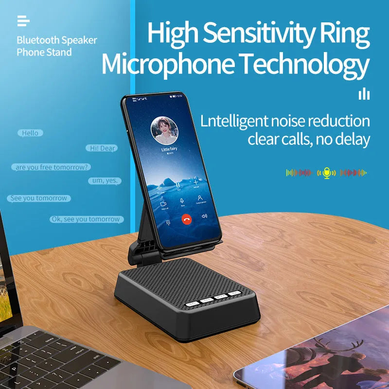 Black mobile phone stand with integrated Bluetooth speaker and microphone on a desk