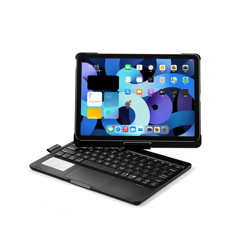 Silver rotating Bluetooth keyboard with backlit keys next to an iPad.