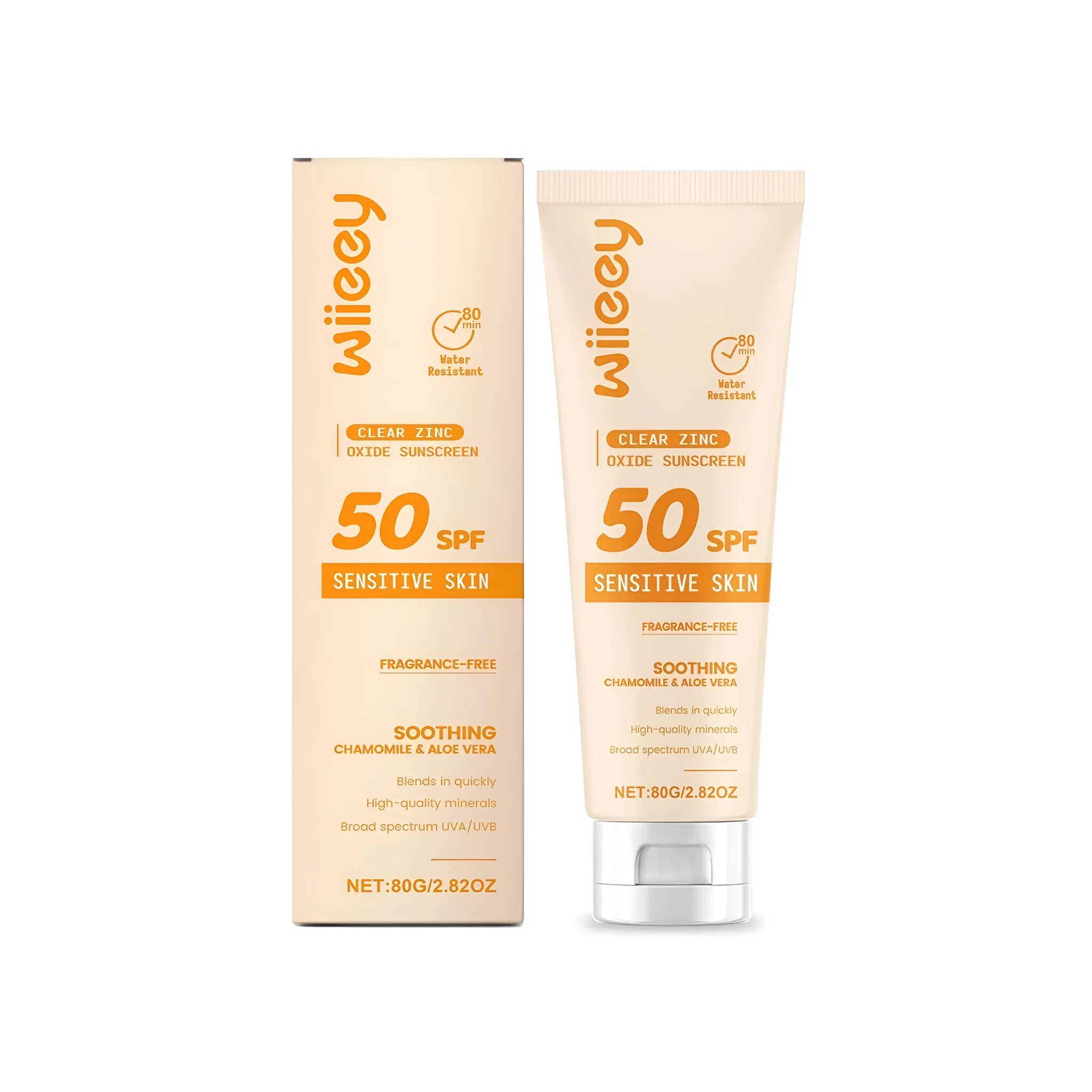 Clear zinc oxide sunscreen 80g tube with titanium dioxide and aloe leaf extract for daily UV protection