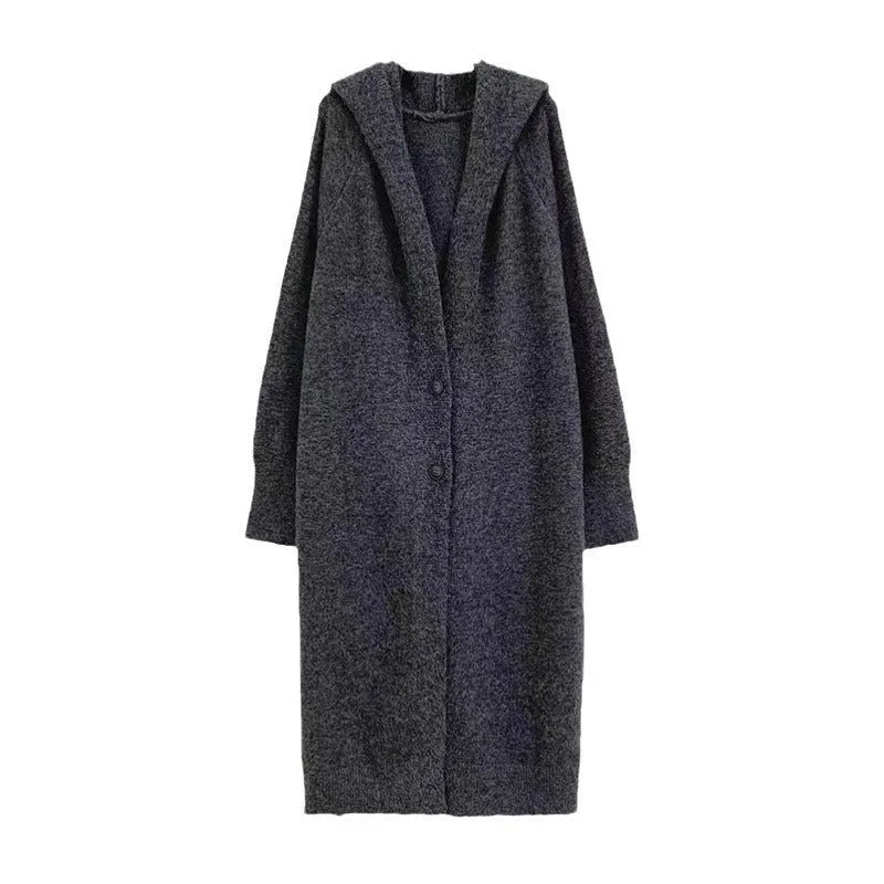 Korean idle style hooded long cardigan in wool blend polyester fabric below-the-knee length