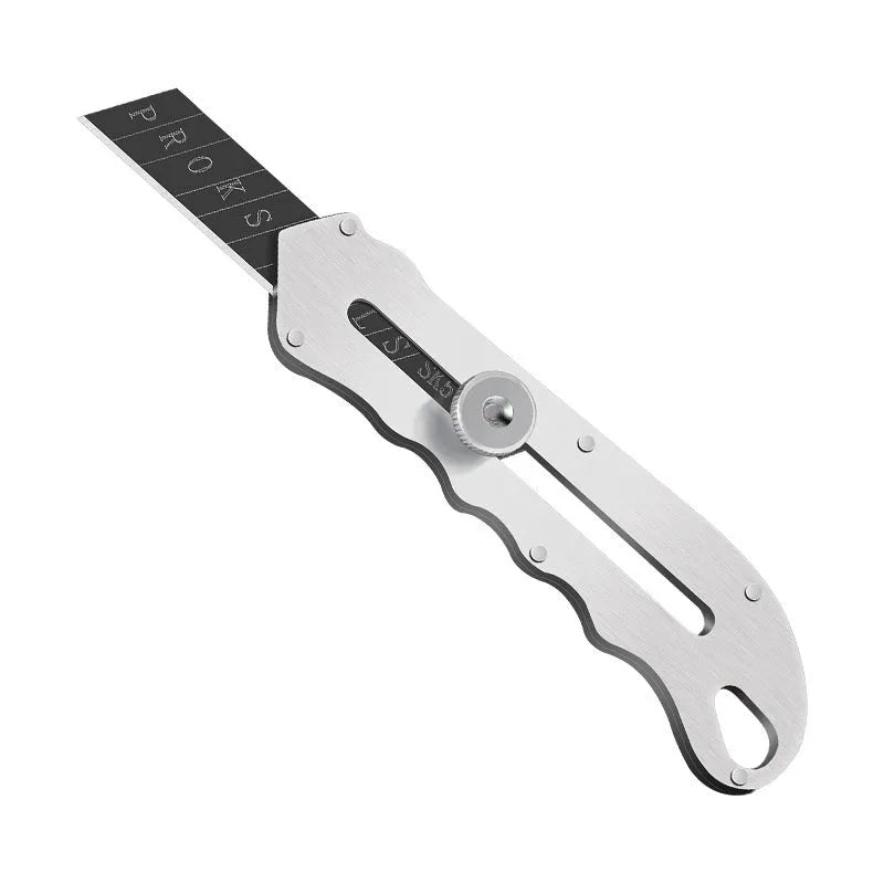 Stainless steel folding utility knife and art knife with black blade, plus spare long and trapezoidal blades.