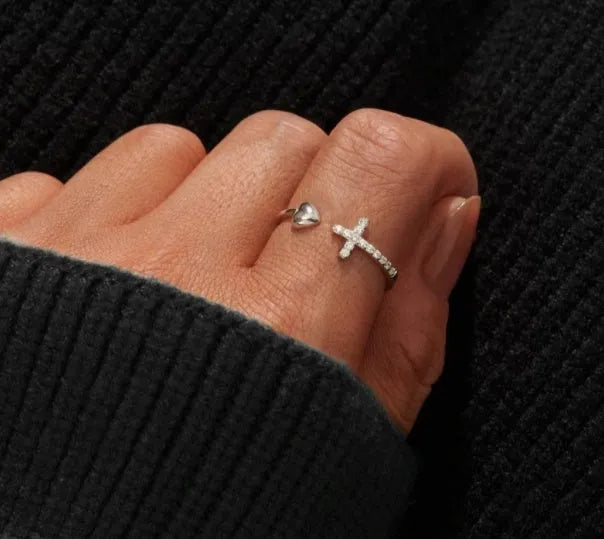 S925 sterling silver love cross open ring for women in white gold or rose gold colour with adjustable band