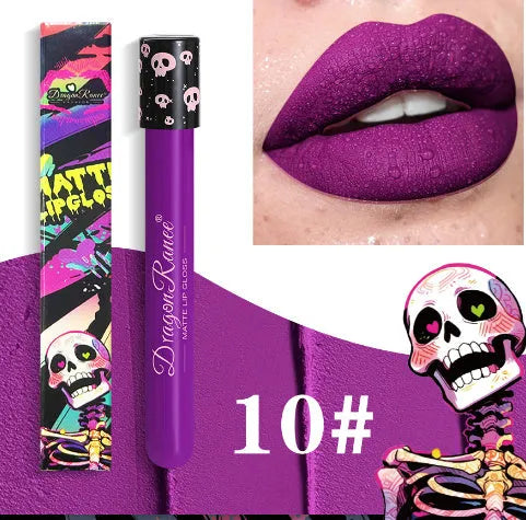 DR160 retro matte lip gloss tube for Halloween makeup in waterproof formula.