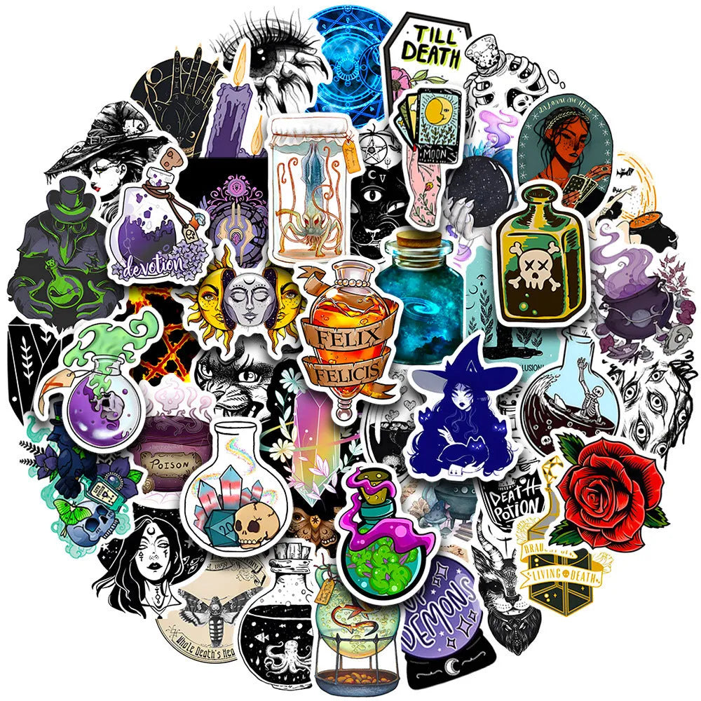 50 sheets of waterproof PVC stickers in assorted sizes 3-8cm with glossy surface for laptops and smooth surfaces