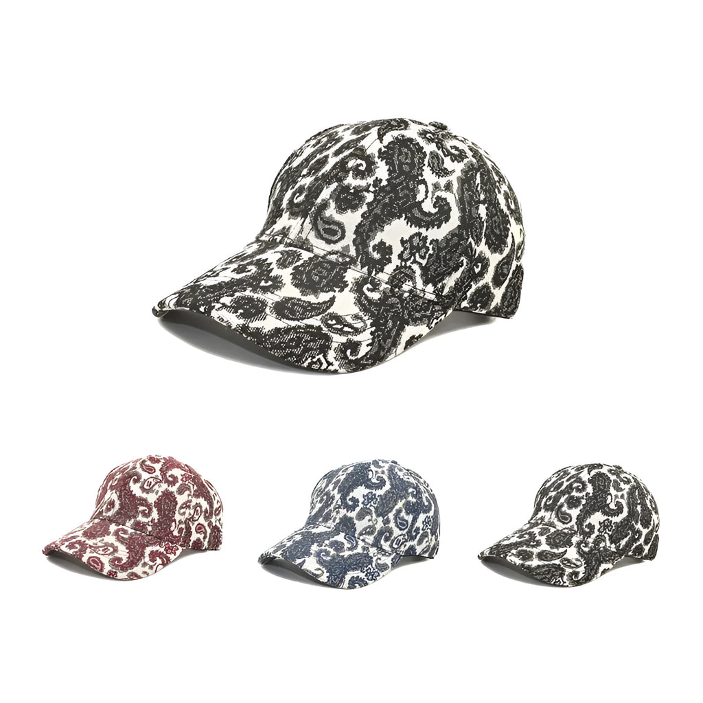 Unisex baseball cap with printed paisley pattern in blue colour option showing dome crown design