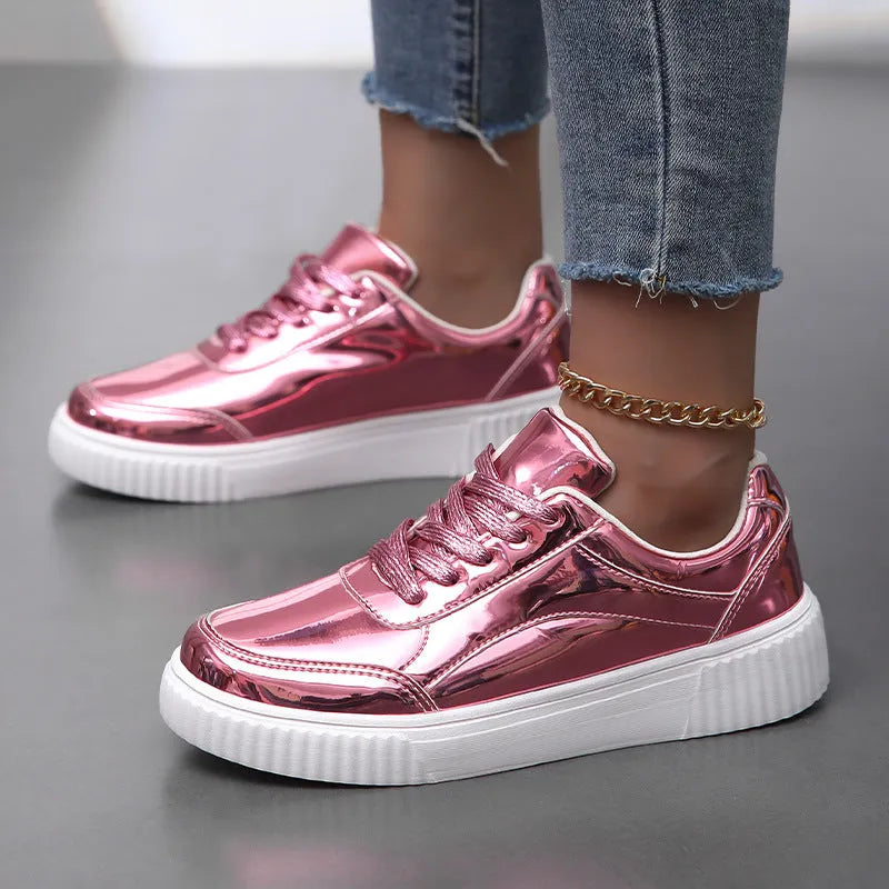 Rose gold sequin platform sneaker with a thick white MD sole and round toe.