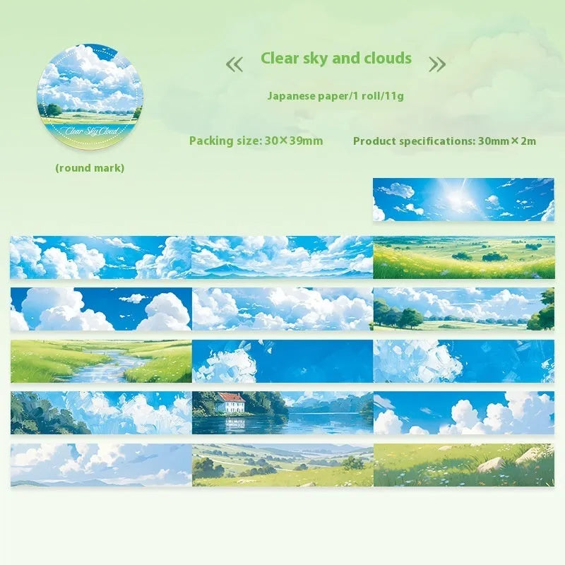 Japanese paper washi tape roll with sky theme designs including colourful clouds and twilight