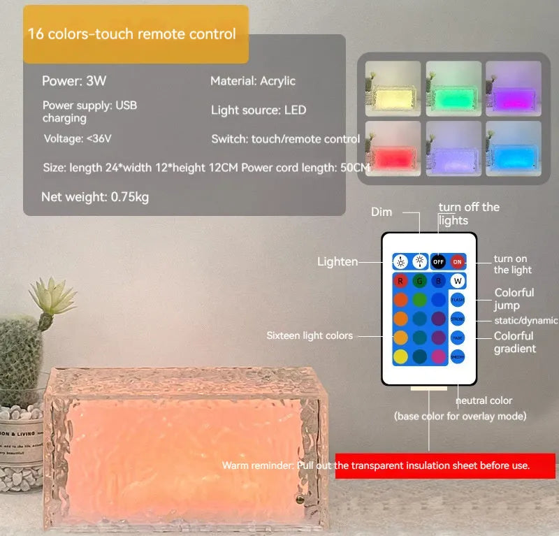 Clear acrylic geometric ice cube shaped night light with colour changing LED lights inside.
