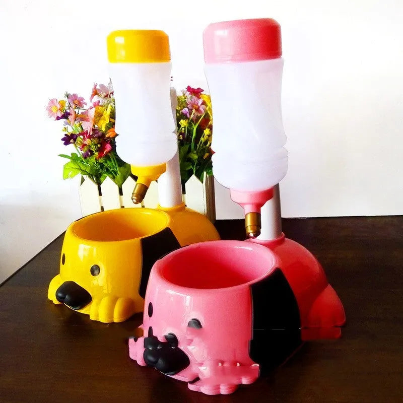 Adjustable plastic pet water dispenser with rod-lift mechanism in blue, pink or yellow colour options
