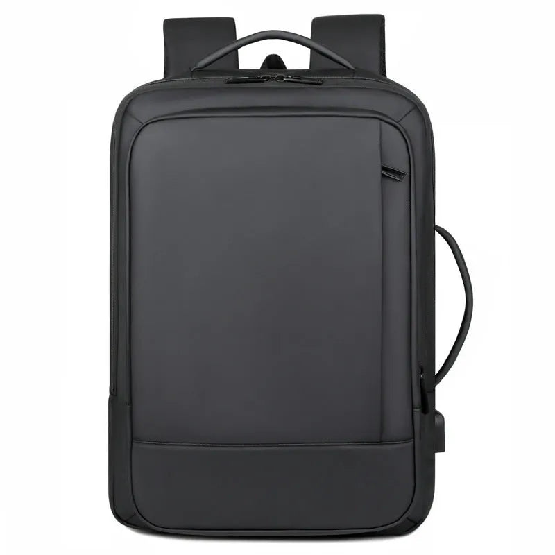 Black waterproof Oxford cloth business backpack with curved shoulder straps and derm leather accents