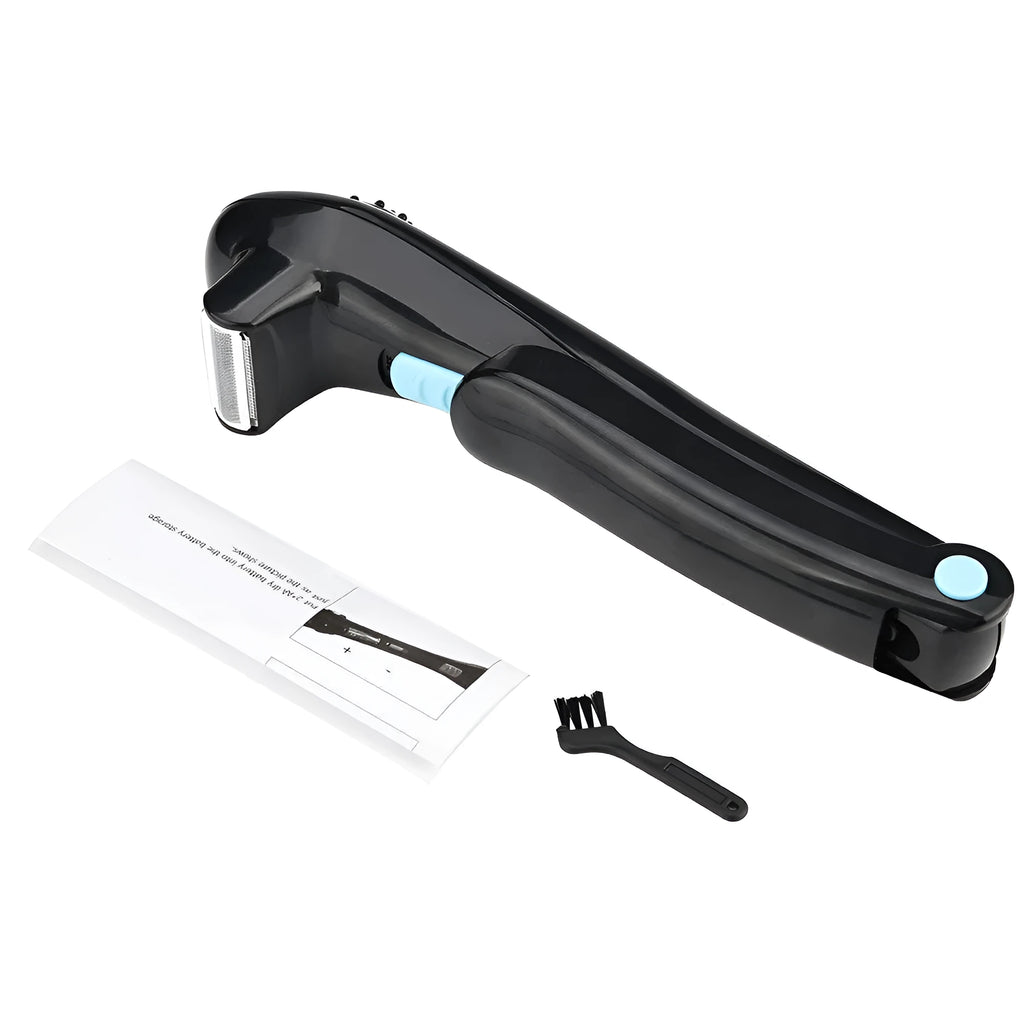Black folding electric shaver for women with battery compartment visible