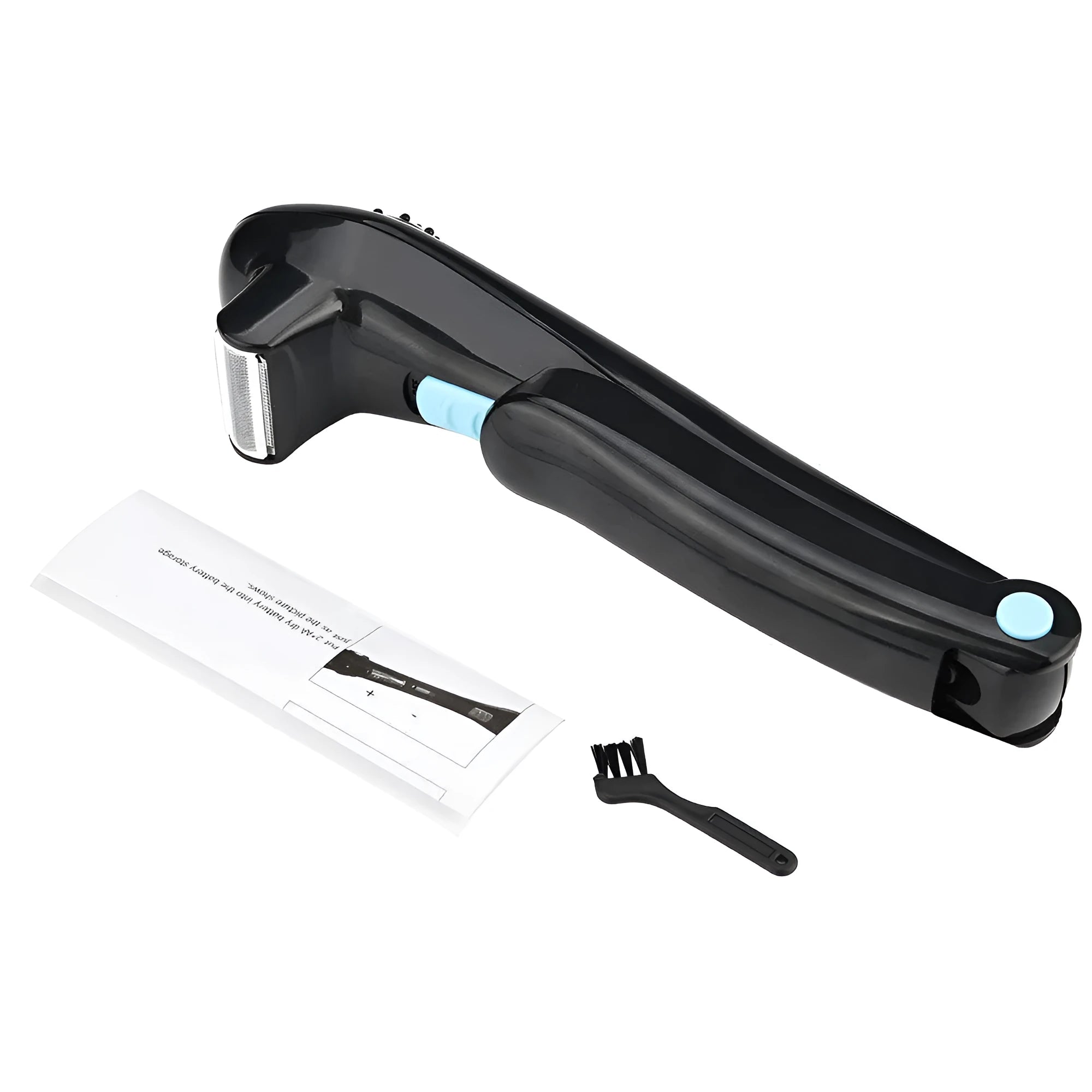 Black folding electric shaver for women with battery compartment visible