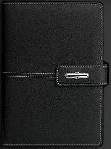 A5 notebook with a PU leather cover, open to show wood-free paper pages.